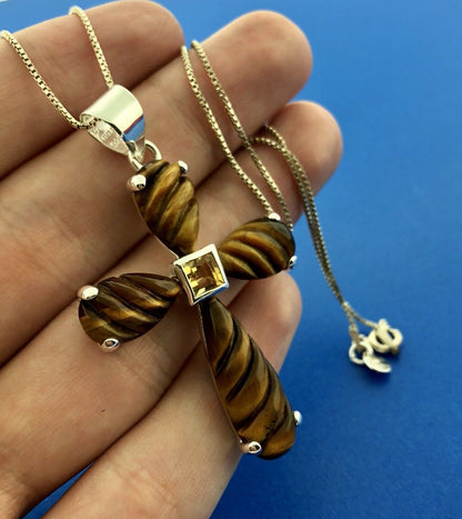 Designer GSJ Sterling Silver 925 Citrine Tigers Eye Cross Statement Necklace