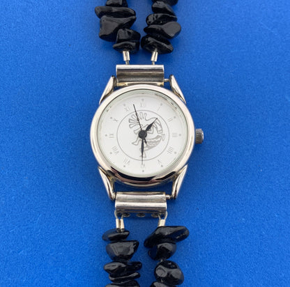 Kokopelli Dancing Flute Player 8" Black Shard Stainless Steel Wristwatch Running