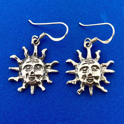Vintage 925 Sterling Silver Sun Sunburst Astrological Drop Dangle Earrings