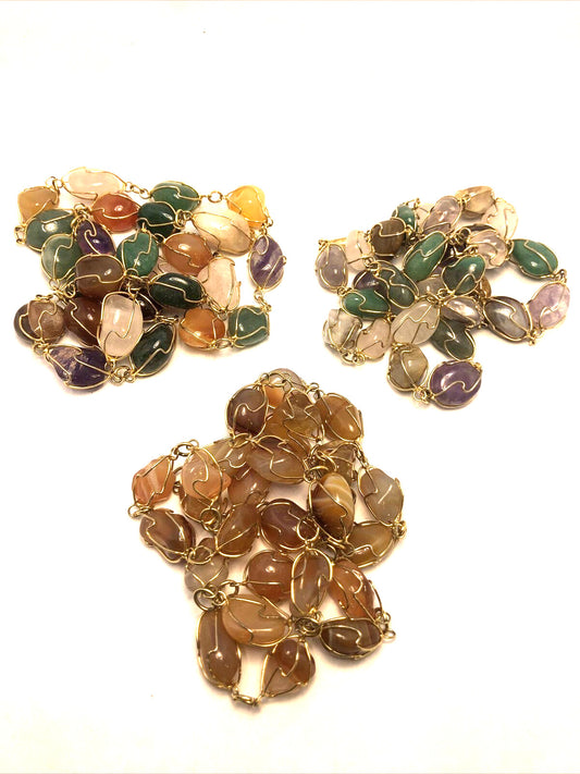 Artisan Gold Tone Wire Wrapped Semi Precious Multi Gemstone Lot Of 2 Necklaces