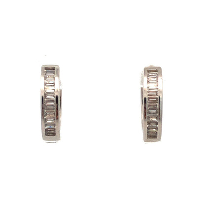 Designer N 925 Sterling Silver Baguette Cubic Zirconia CZ Huggie Hoop Earrings