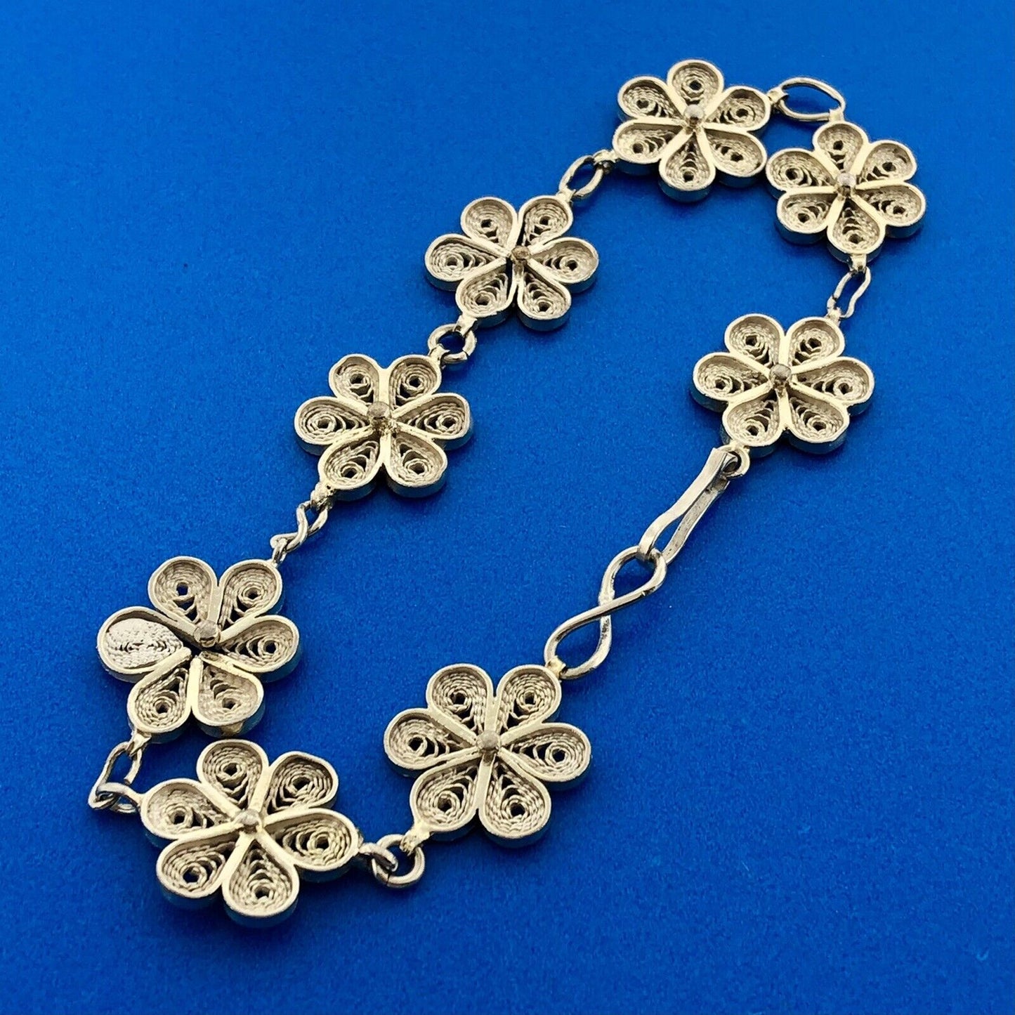 Retro 925 Sterling Silver Vermeil Two Toned Filigree Daisy Flower Panel Bracelet