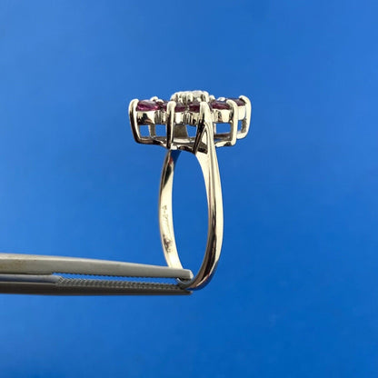 Vintage 14K White Gold Ruby Diamond Round Floral Cluster July Anniversary Ring