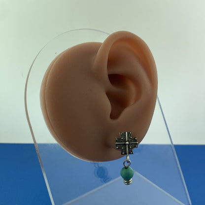 Adorable 925 Sterling Silver Turquoise Bead Cross Dangle Stud Earrings