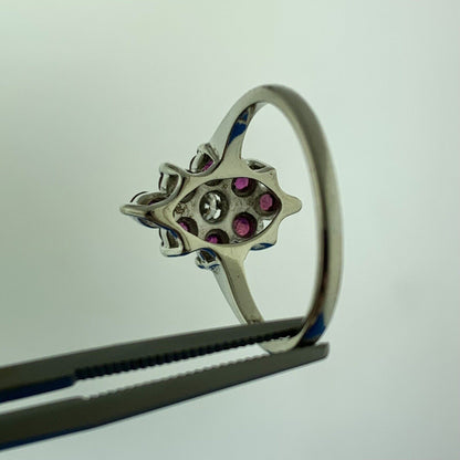 Vintage 14K White Gold Ruby Diamond Round Floral Cluster July Anniversary Ring