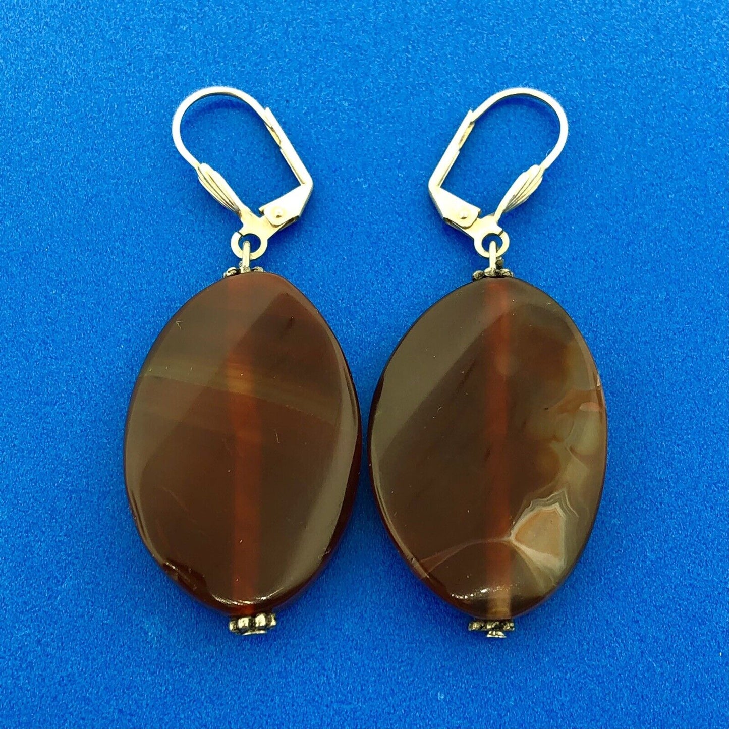 Retro Silver Toned Banded Agate Modernist Wave Statement Dangle Earrings