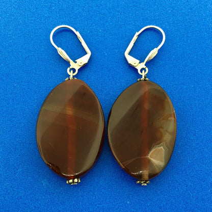 Retro Silver Toned Banded Agate Modernist Wave Statement Dangle Earrings