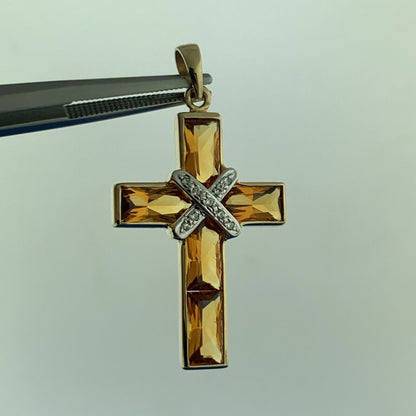 Designer 14K Yellow White Gold Citrine Diamond Accented Statement Cross Pendant