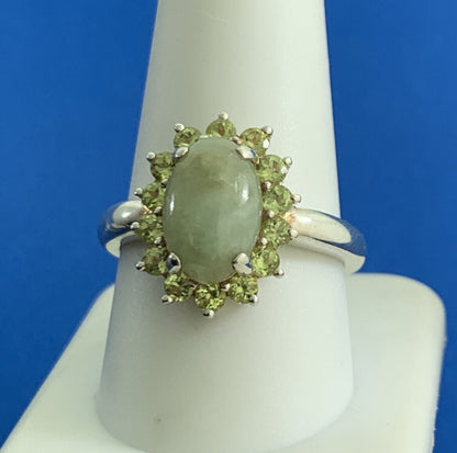 Designer 925 Sterling Silver Oval Jade Cabochon Round Peridot Halo Cocktail Ring