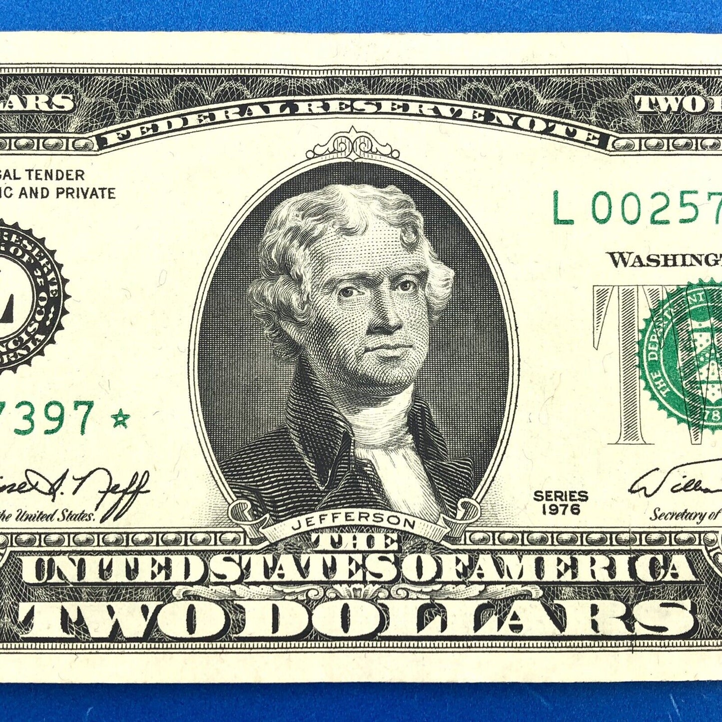 1976 Series $2 Federal Reserve San Francisco Star Note FR F-1935L* Tellers Mark