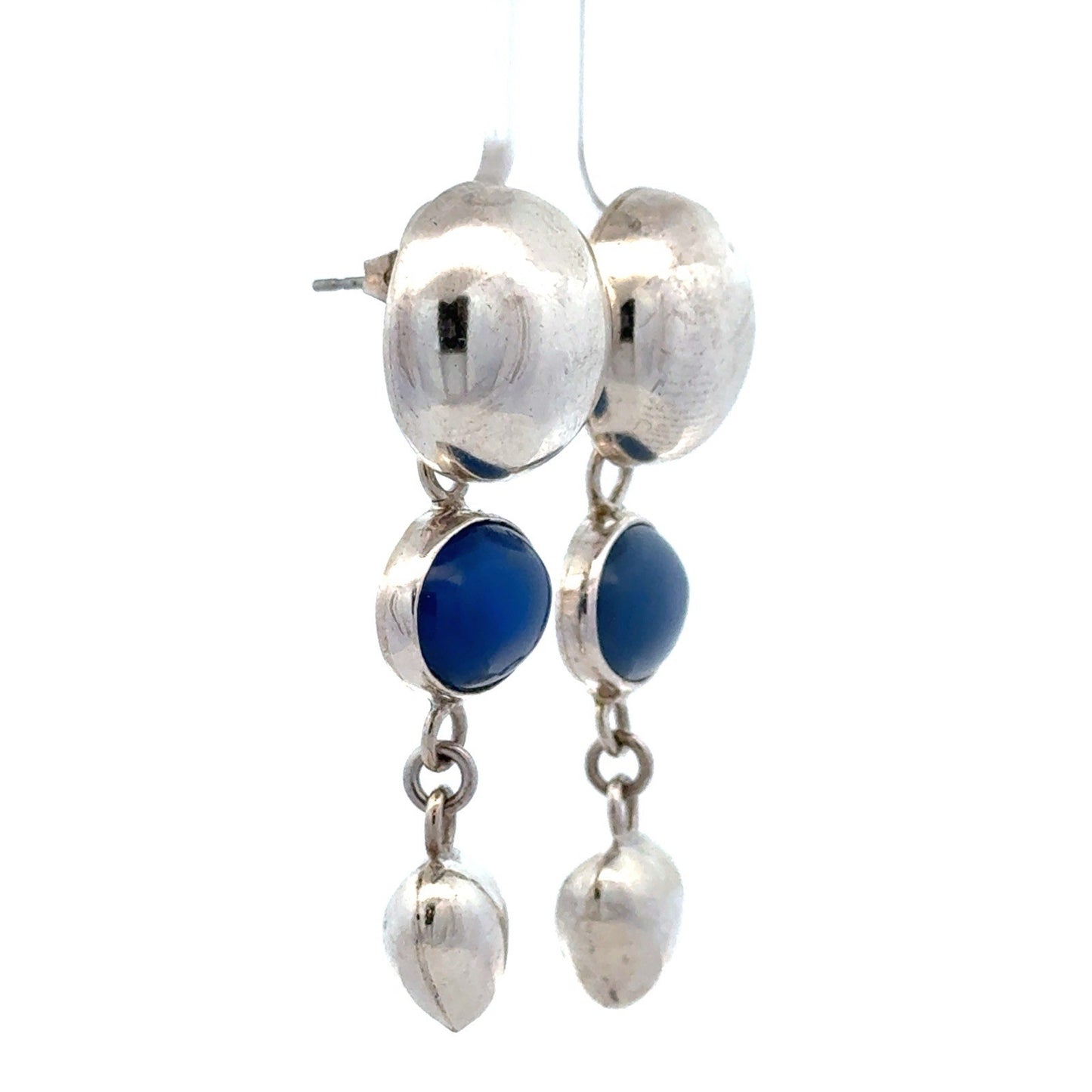 Designer Mexico 925 Sterling Silver Blue Chalcedony Dome Heart Dangle Earrings