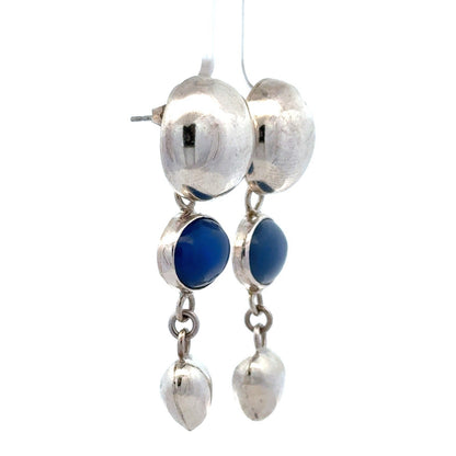 Designer Mexico 925 Sterling Silver Blue Chalcedony Dome Heart Dangle Earrings