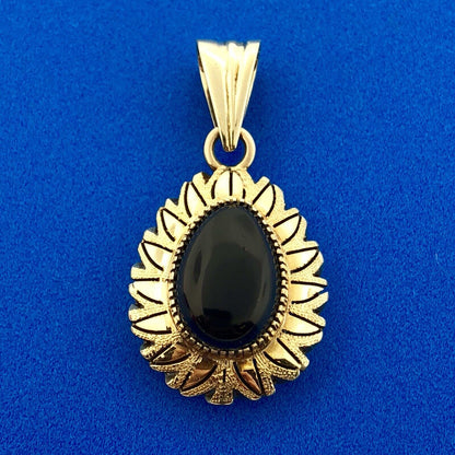 Vintage Mexico 14k Yellow Gold Black Onyx Pear Aztec Sunburst Drop Pendant