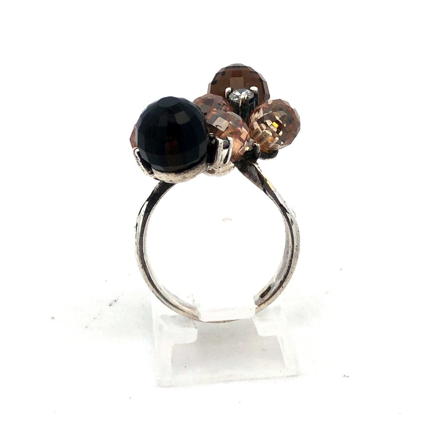 Vintage 925 Sterling Silver Faceted Brown White Cubic Zirconia Ball Cluster Ring