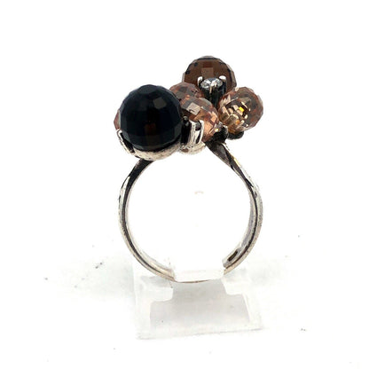 Vintage 925 Sterling Silver Faceted Brown White Cubic Zirconia Ball Cluster Ring