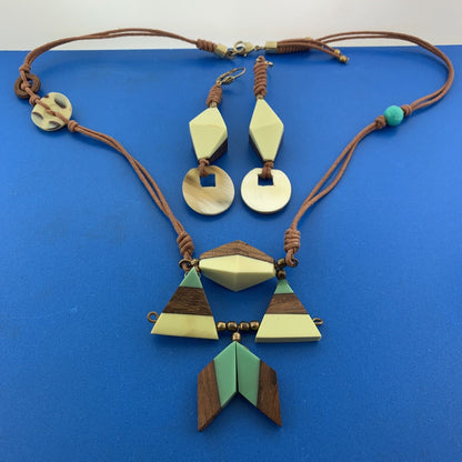 Mid Century Gold Tone Modern Wooden Bakelite Beaded Corded Necklace Earrings Set