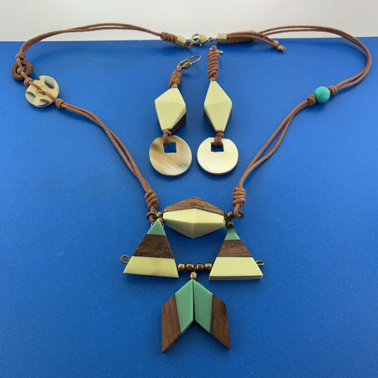 Mid Century Gold Tone Modern Wooden Bakelite Beaded Corded Necklace Earrings Set
