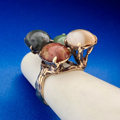 Retro Custom 14K Yellow Gold Jade Agate Jasper Protection Strength Courage Ring