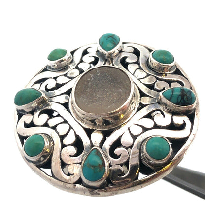 Native American 925 Sterling Silver Turquoise Druzy Quartz Round Statement Ring