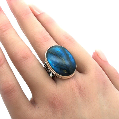 Designer YS India 925 Sterling Silver Oval Labradorite Wire Wrap Statement Ring