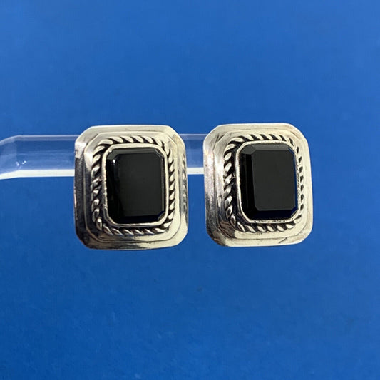 Vintage 925 Sterling Silver Rectangle Black Onyx Statement Stud Earrings