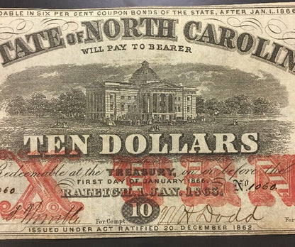 1863 $10 The State of North Carolina Note Civil War Era Possible Inking Error AU