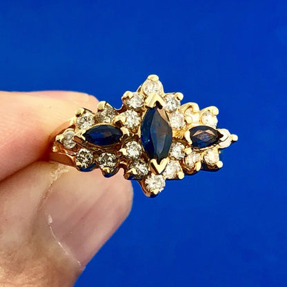 14K Yellow Gold Sapphire Diamond Halo Cluster Anniversary Bridal Cocktail Ring