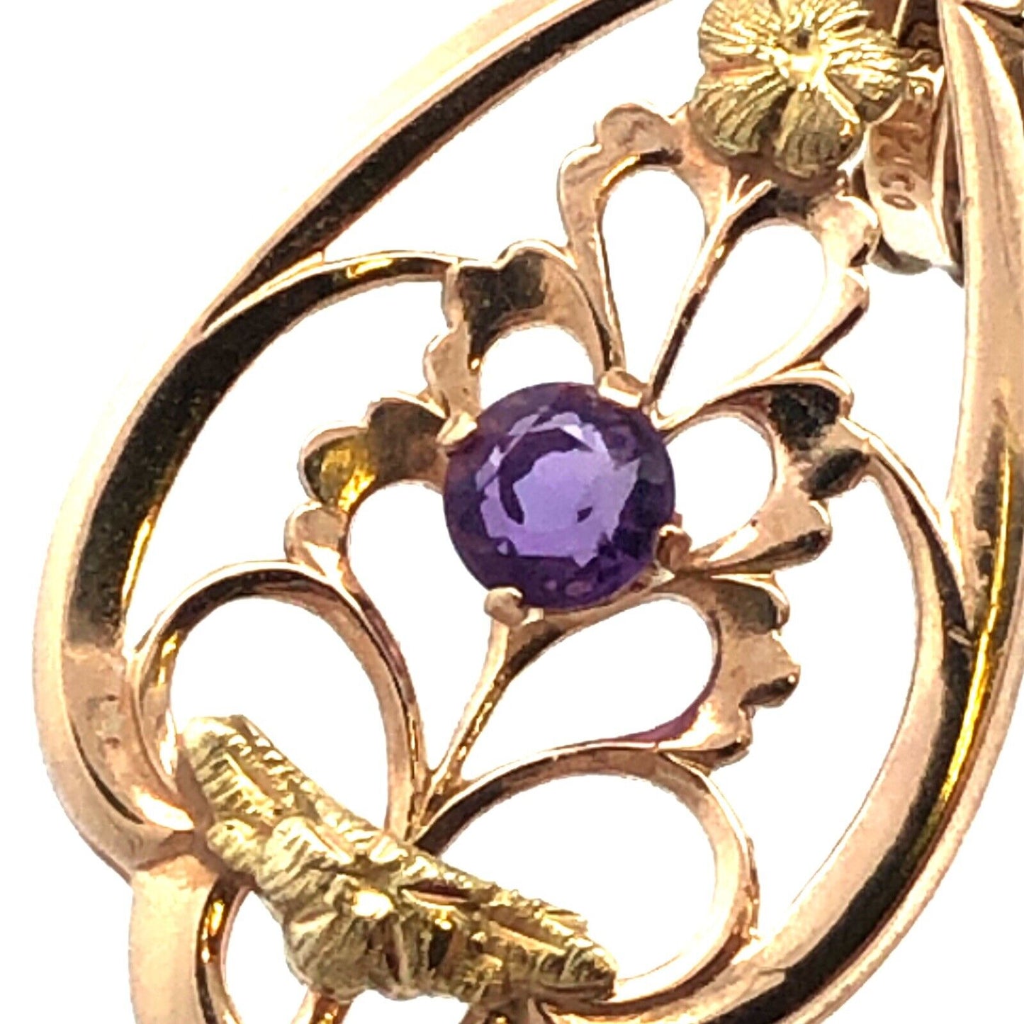 Designer Memco 10K Yellow Gold Round Amethyst Floral Floral Oval Pendant
