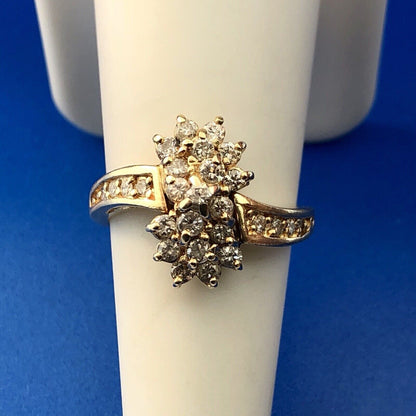 Vintage 14K Yellow Gold Diamond Waterfall Flower Cluster Statement Cocktail Ring