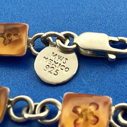 Vintage MWS Taxco Sterling Silver 925 Amber Encased Flower Bud Panel Bracelet