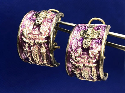 Native Tribal Gods 925 Sterling Silver Purple Enamel Half Hoop Stud Earrings