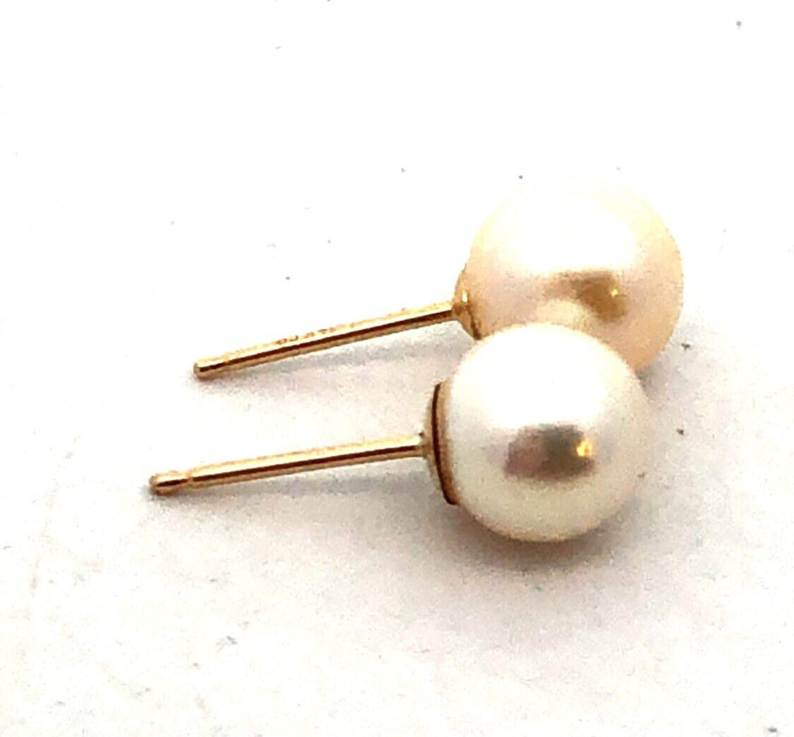Designer CP 14K Yellow Gold Round White Pearl Solitaire Stud Earrings