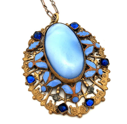 Vintage Bronze Toned Blue Enamel Rhinestone Glass Filigree Pendant Necklace