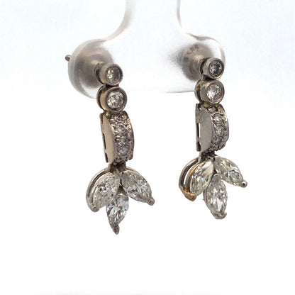 Designer 14K White Gold Diamond Floral Cluster Dangle Pierced Stud Earrings