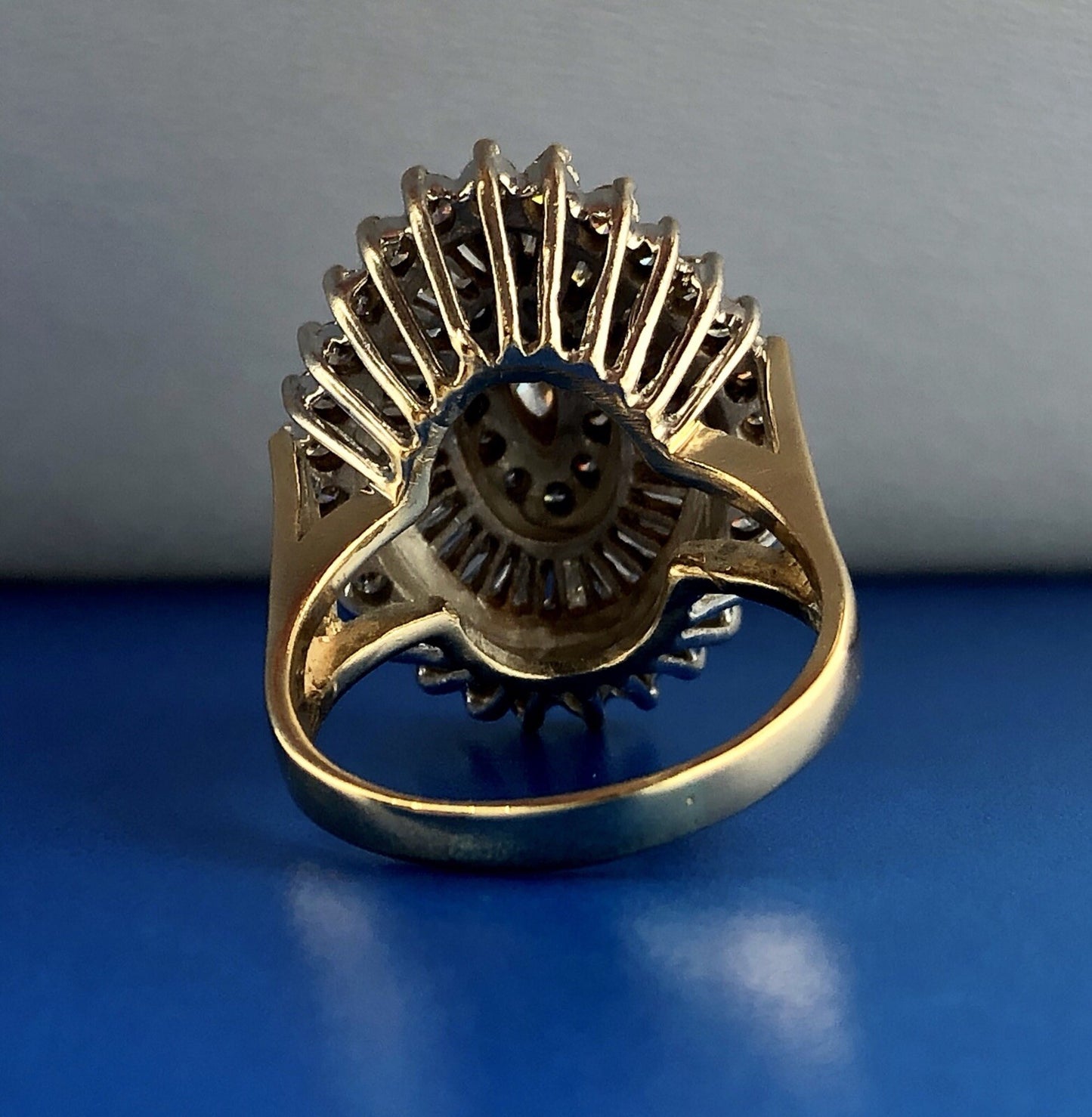 14K Yellow White Gold Diamond Halo Cluster 4 Tier Statement Cocktail Ring