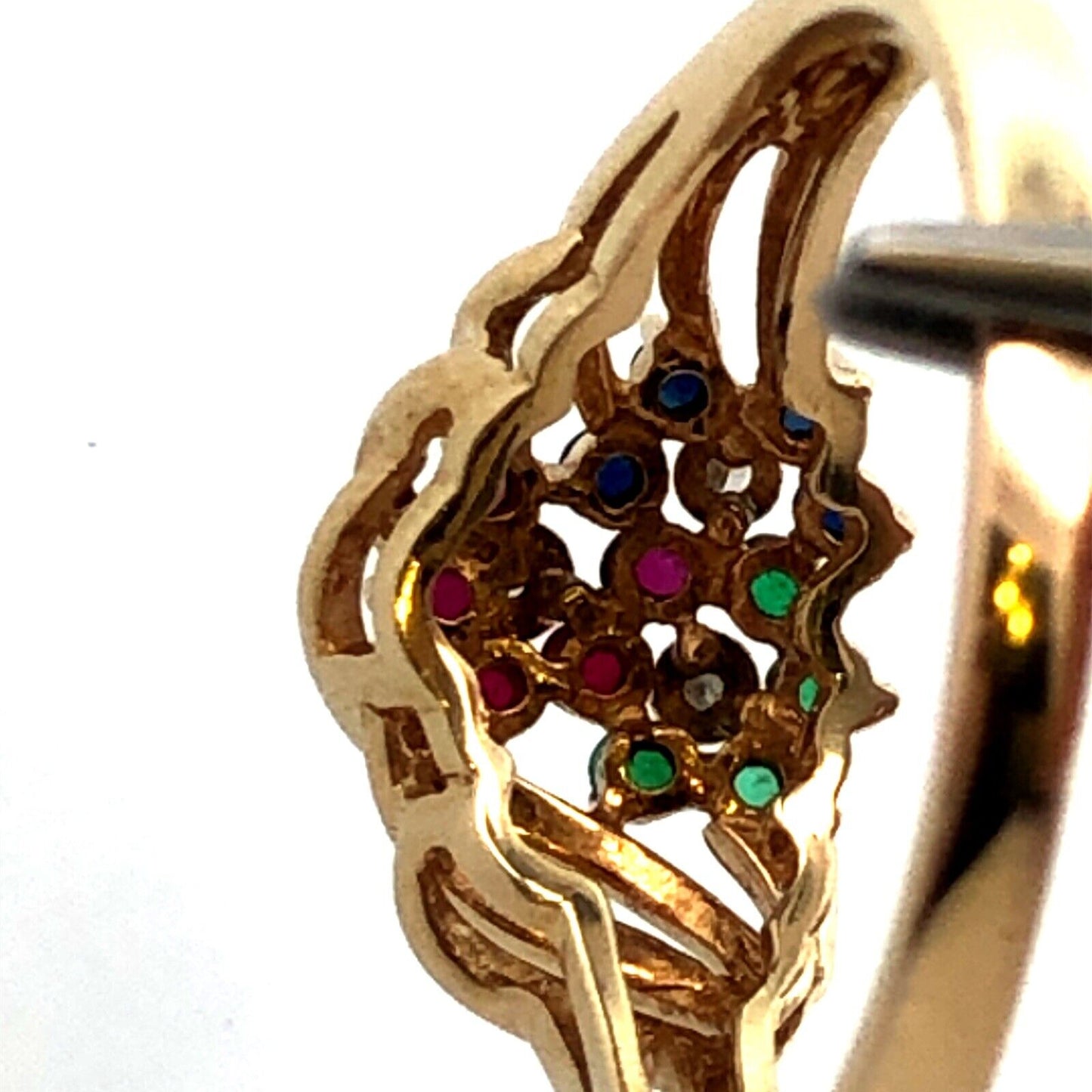 Designer 14K Yellow Gold Sapphire Ruby Emerald Diamond Flower Modernist Ring