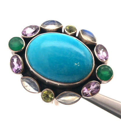 Designer NB India 925 Sterling Silver Oval Turquoise Multi-stone Statement Ring