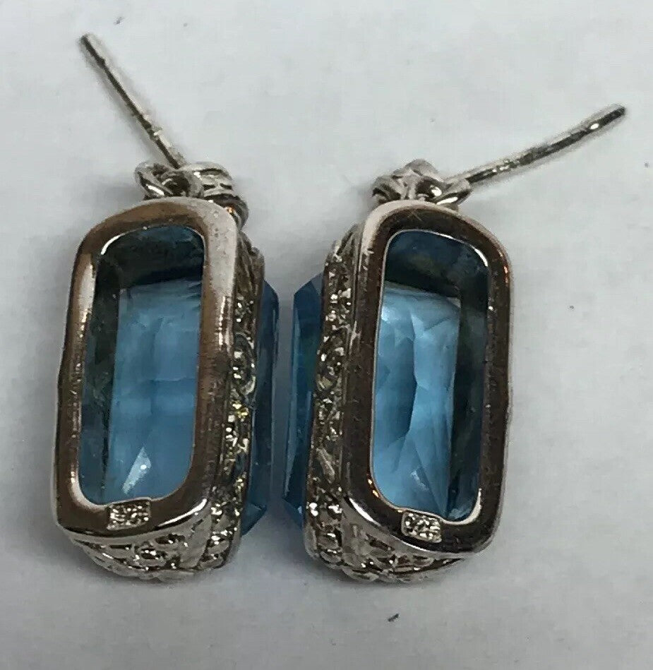 Sterling Silver Rectangle Blue Topaz Bead Scroll Work Statement Drop Earrings