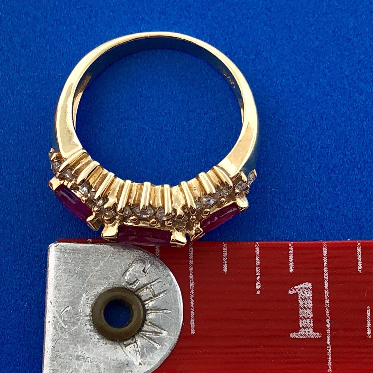 14K Yellow Gold Ruby Diamond Band Cluster July Anniversary Bridal Cocktail Ring