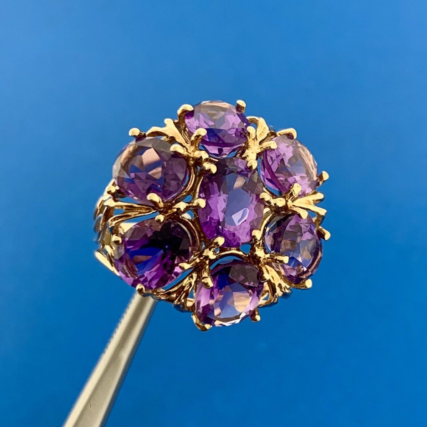 Gorgeous 10k Yellow Gold Oval Cut Amethyst Cluster Openwork Dome Ring Size 7.75