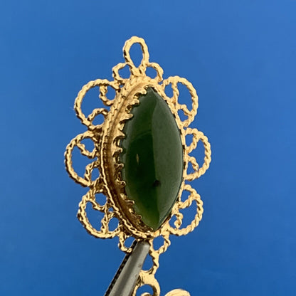 Vintage 14K Yellow Gold Marquis Jade Cabochon Filigree Dangle Drop Earrings