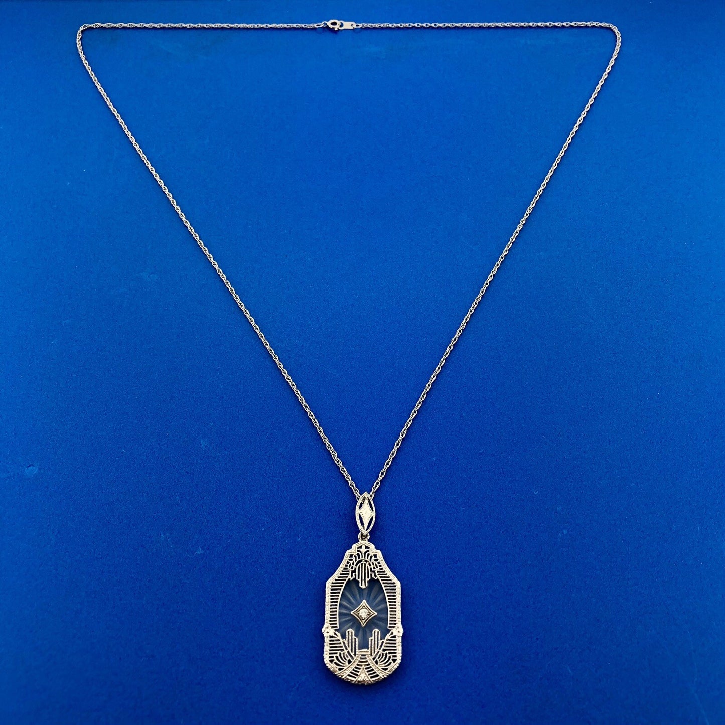 Vintage MSCo 14K White Gold Diamond Carved Art Glass Filigree Pendant Necklace
