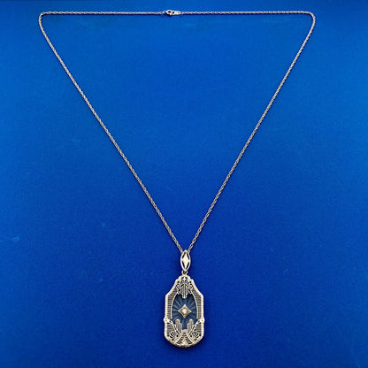 Vintage MSCo 14K White Gold Diamond Carved Art Glass Filigree Pendant Necklace
