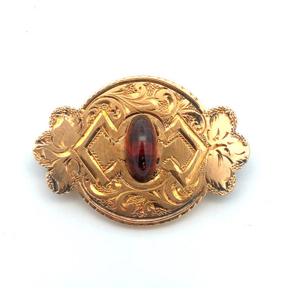 Victorian Art Deco 14K Yellow Gold Garnet Cabochon Engraved Brooch Pendant Pin
