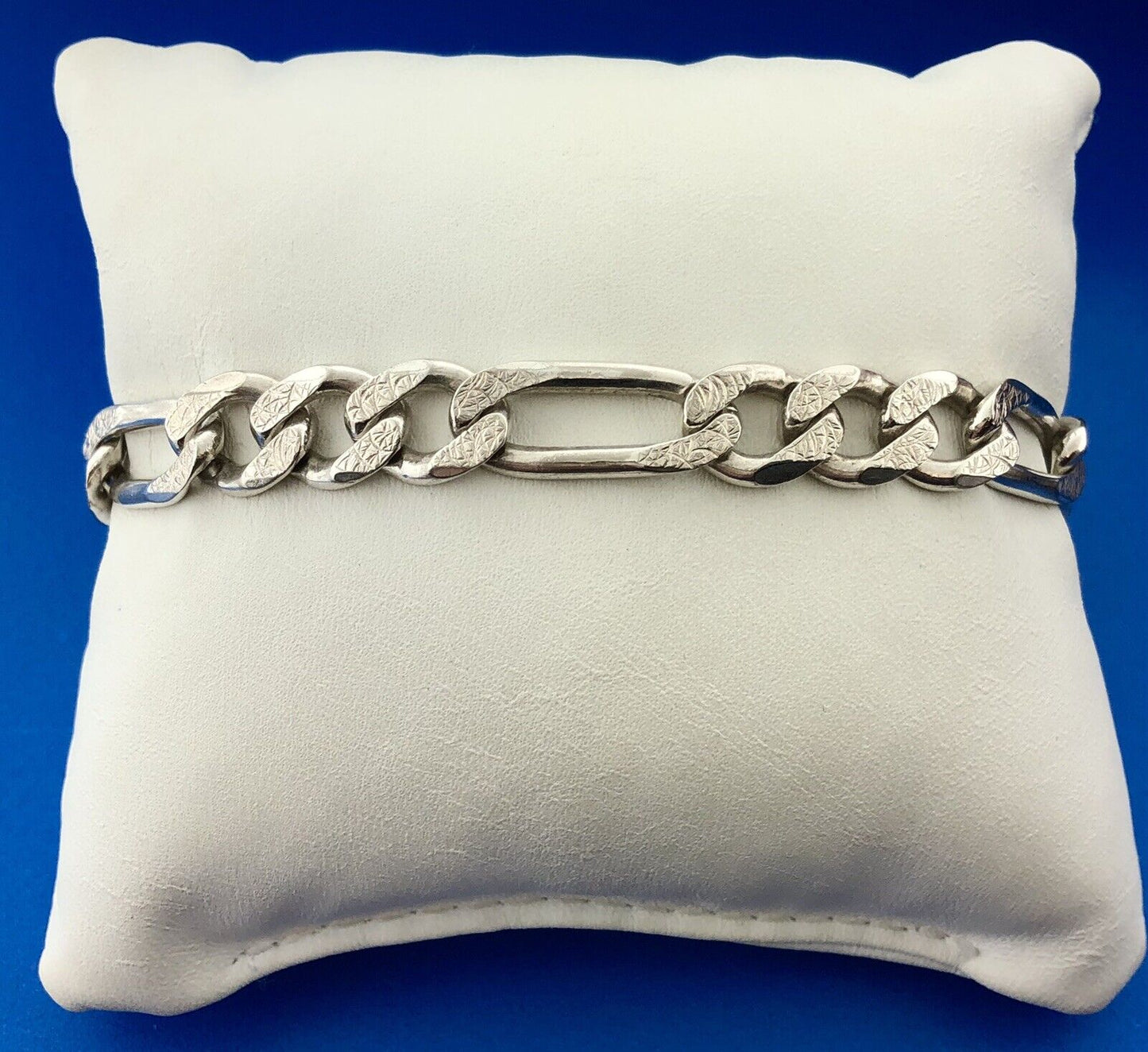 Retro 925 Sterling Silver Polished Florentine Textured Figaro Link Bracelet