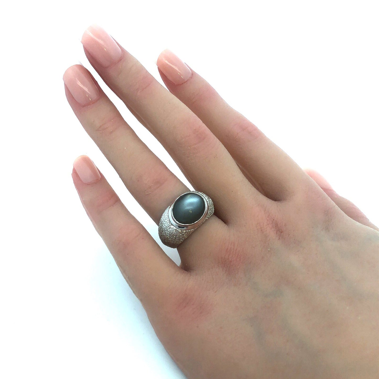 Custom Mignon Faget 925 Sterling Silver Oval Grey Cat's Eye Sea Urchin Dome Ring