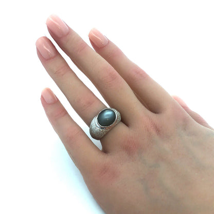 Custom Mignon Faget 925 Sterling Silver Oval Grey Cat's Eye Sea Urchin Dome Ring
