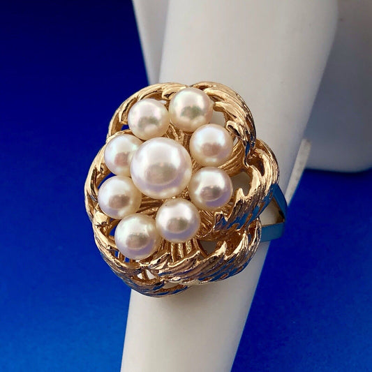 Vintage 14K Yellow Gold 9 Pearl Bird Nest Cluster Statement Cocktail Ring