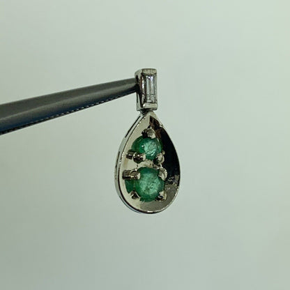 14K White Gold Emerald Diamond Baguette Accented Pear Shaped Pendant