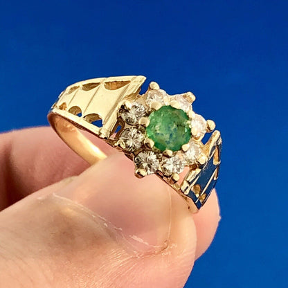 Modernist 14K Yellow Gold Emerald Diamond Halo Floral May Anniversary Ring